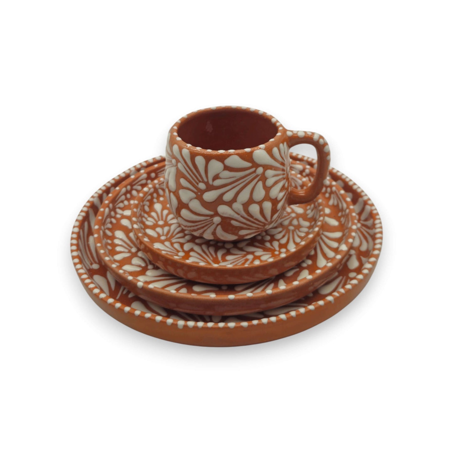 Handcrafted Talavera Dinnerware Set | Brown & White 4-Piece - stacked artisanal brown and white floral plates with matching cup