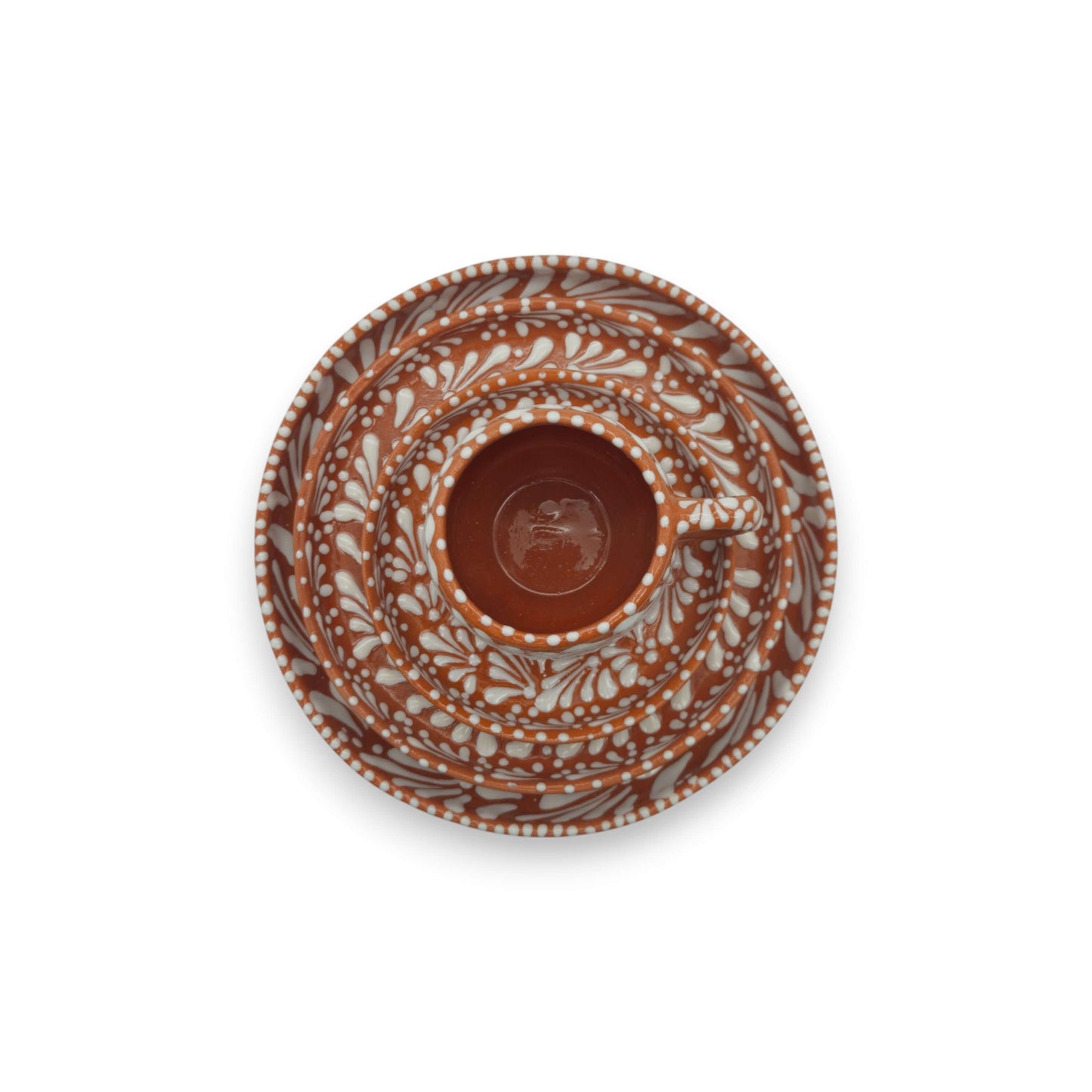 Handcrafted Talavera Dinnerware Set | Brown & White 4-Piece - top view of brown plate and bowl with white floral patterns, handcrafted Mexican ceramics