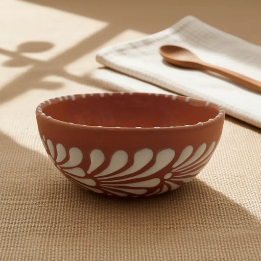 Set of 4 Handcrafted Brown & White Talavera Bowls | Artisan Dinnerware — handcrafted brown and white Talavera bowl with white petal motifs, rustic table setting