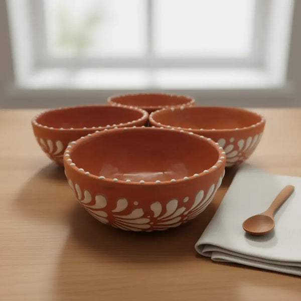 Set of 4 Handcrafted Brown & White Talavera Bowls | Artisan Dinnerware - handcrafted brown and white Talavera bowls on wooden table