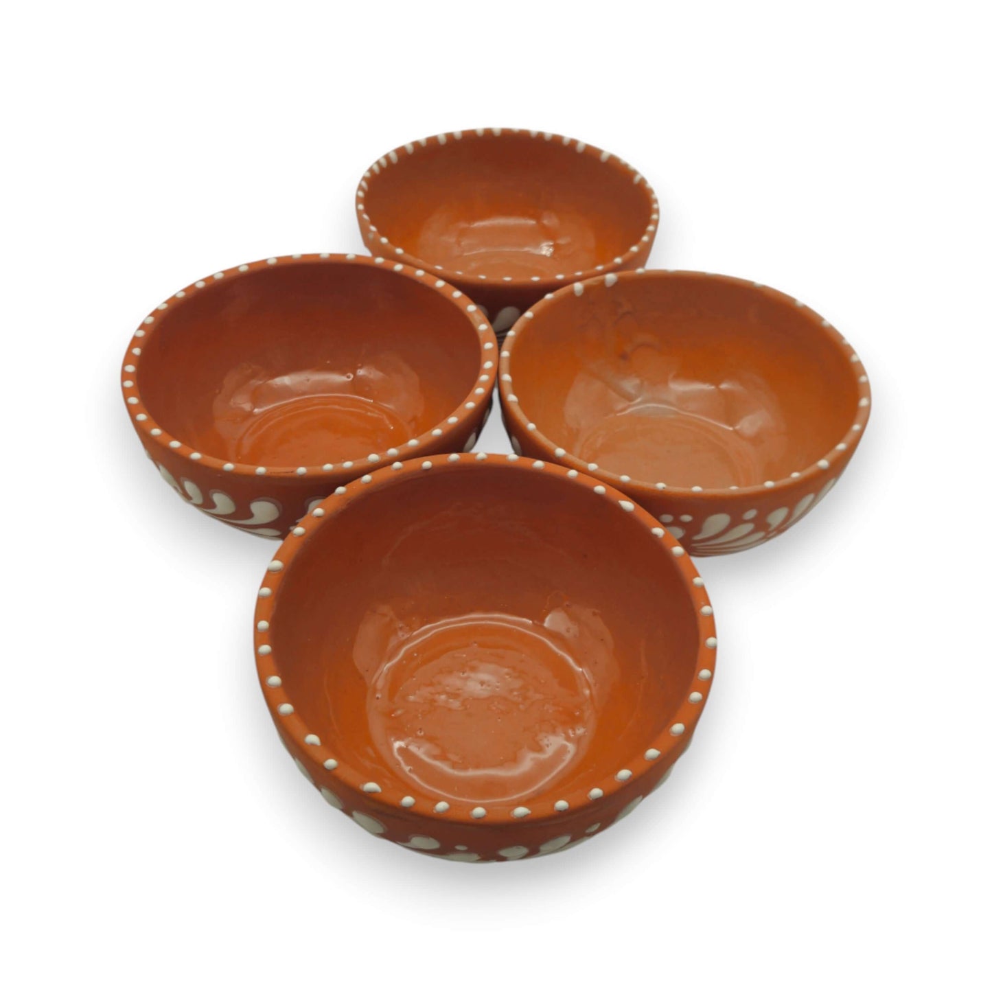 Set of 4 Handcrafted Brown & White Talavera Bowls | Artisan Dinnerware - rustic Mexican handmade brown bowls with white petal motifs