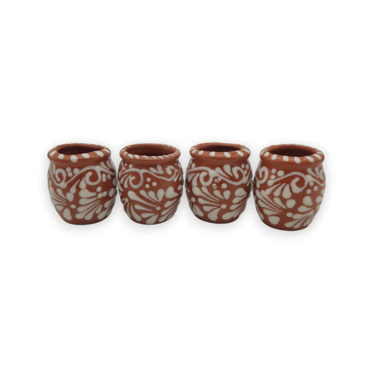 Set of 4 Brown & White Talavera Shot Glasses | Handcrafted Cantarito Set - handcrafted Mexican brown and white raised-relief ceramic shot glasses