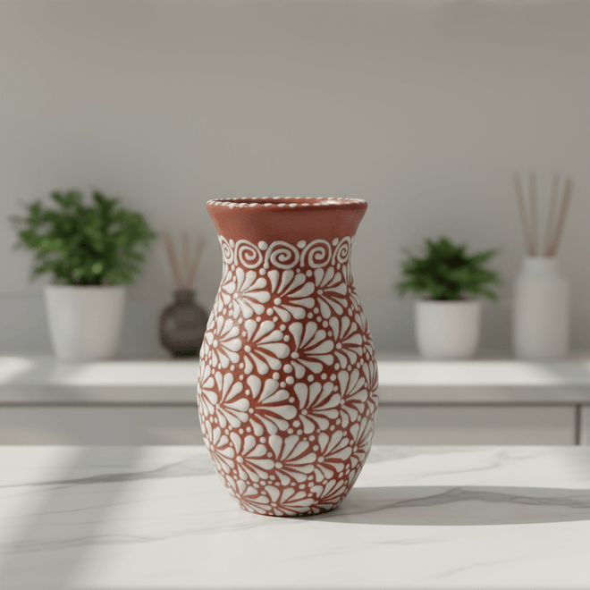 Handcrafted Talavera Vase | Brown & White Relief Pottery – hand-painted brown vase with intricate white floral relief and swirling rim, kiln-fired, lead-free glaze