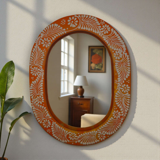 Floral Brown & White Talavera Mirror | Handcrafted Mexican Art - oval hand-painted brown frame with white floral motifs