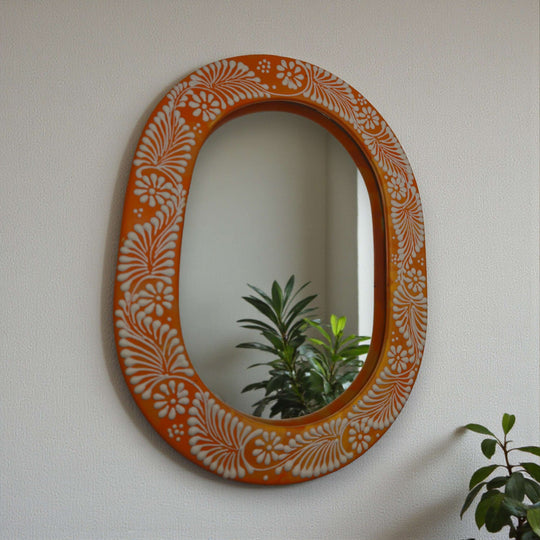 Floral Brown & White Talavera Mirror | Handcrafted Mexican Art - oval hand-painted kiln-fired mirror with white floral motifs on brown frame