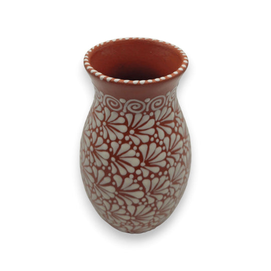 Handcrafted Talavera Vase | Brown & White Relief Pottery - handmade Guanajuato floral relief, lead-free glazed decorative pottery vase