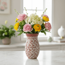 Handcrafted Talavera Vase | Brown & White Relief Pottery with pink roses, yellow ranunculus and white hydrangea in floral relief ceramic vase
