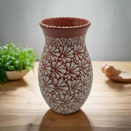 Handcrafted Talavera Vase | Brown & White Relief Pottery - hand-painted floral relief vase with swirling rim, handmade in Guanajuato, Mexico