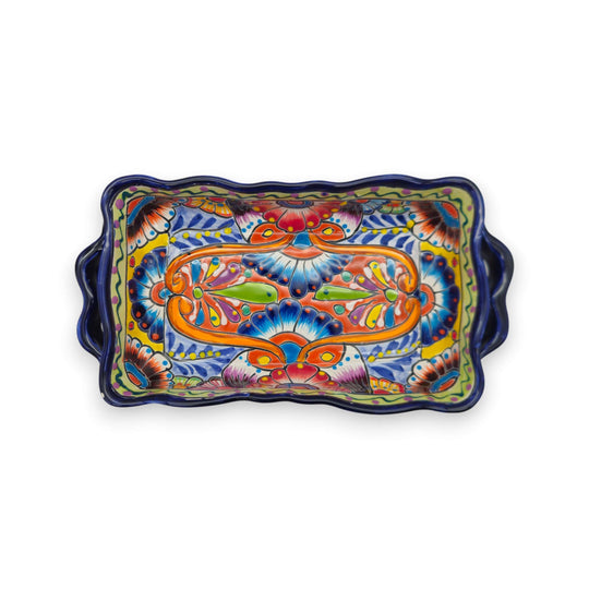 Colorful Talavera Coffee Serving Set | Handcrafted 3-Piece Set - hand-painted rectangular serving tray with vibrant floral motifs
