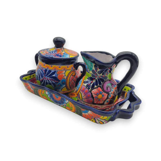 Colorful Talavera Coffee Serving Set | Handcrafted 3-Piece Set - hand-painted floral sugar bowl, creamer and tray in vivid blues, oranges and greens