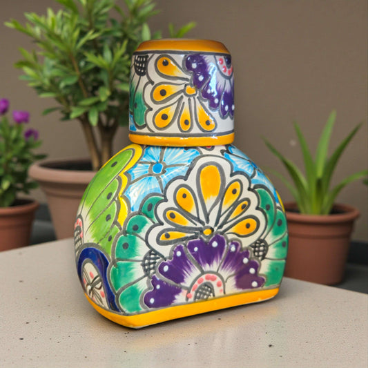 Colorful Talavera Bedside Carafe Set | Handcrafted Mexican Art - hand-painted multicolor floral ceramic bedside carafe