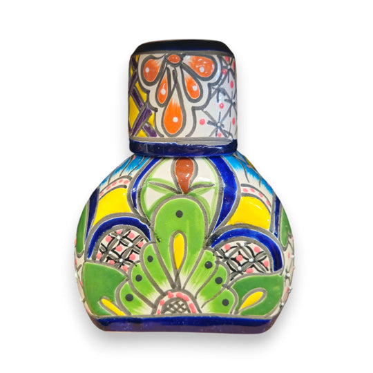 Colorful Talavera Bedside Carafe Set | Handcrafted Mexican Art - hand-painted floral multicolor ceramic bedside water carafe