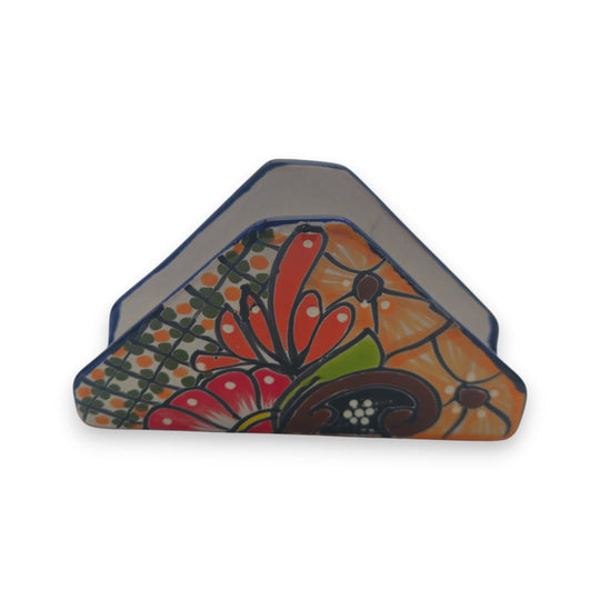 Colorful Talavera Napkin Holder | Mexican Ceramic Table Decor - hand-painted floral and geometric motifs in blue, yellow, green and orange
