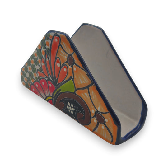 Colorful Talavera Napkin Holder | Mexican Ceramic Table Decor handcrafted hand-painted floral ceramic napkin holder with cobalt trim