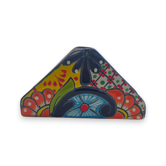 Colorful Talavera Napkin Holder | Mexican Ceramic Table Decor handcrafted triangular napkin holder with bright hand-painted floral and geometric motifs