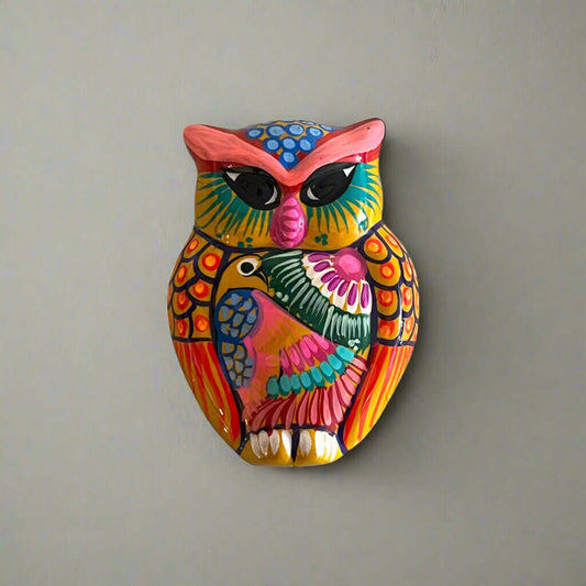 Small Guerrero Owl Wall Decor | Handcrafted Mexican Ceramic Accent hand-painted colorful Guerrero owl wall accent from Guanajuato