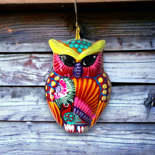 Small Guerrero Owl Wall Decor | Handcrafted Mexican Ceramic Accent - colorful hand-painted Talavera-style hanging owl with florals