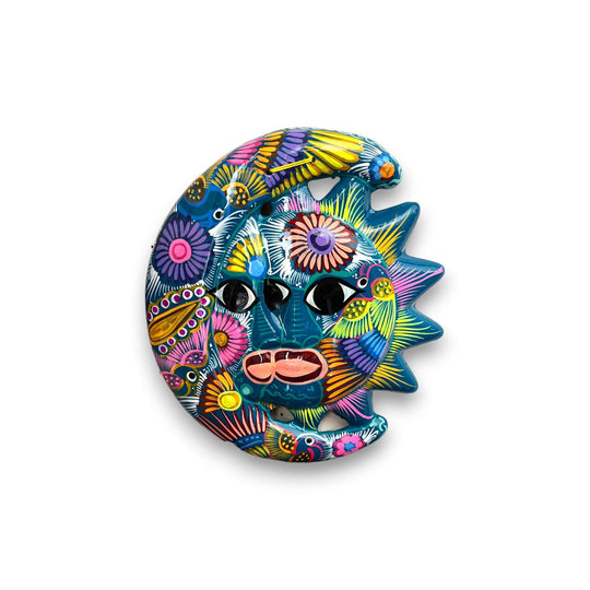 Handcrafted Guerrero Sun and Moon Eclipse Art | Mexican Hand-Painted Pottery - vibrant hand-painted Guerrero sun and moon pottery wall mask from Guanajuato