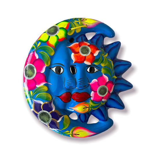 Handcrafted Guerrero Sun and Moon Eclipse Art | Mexican Hand-Painted Pottery - vibrant blue Guerrero sun & moon pottery with floral hand-painted design