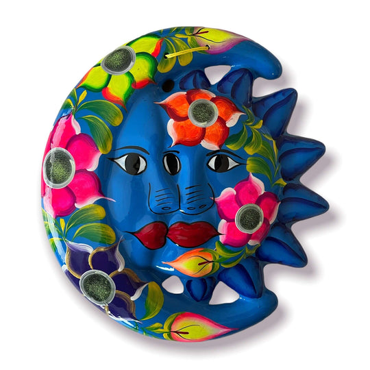Handcrafted Guerrero Sun and Moon Eclipse Art | Mexican Hand-Painted Pottery - blue sun and moon talavera wall pottery with floral design