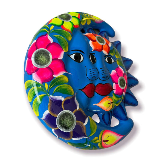 Handcrafted Guerrero Sun and Moon Eclipse Art | Mexican Hand-Painted Pottery — vibrant blue hand-painted Guerrero sun and moon pottery with floral motifs