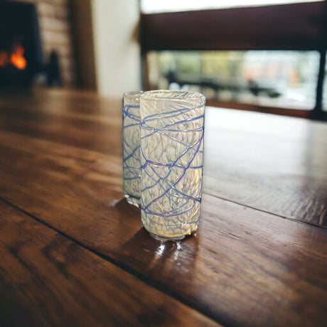Handcrafted Mexican Double Shot Glass | White & Blue Swirl Design - hand-blown lead-free double shot glass with blue swirl on white