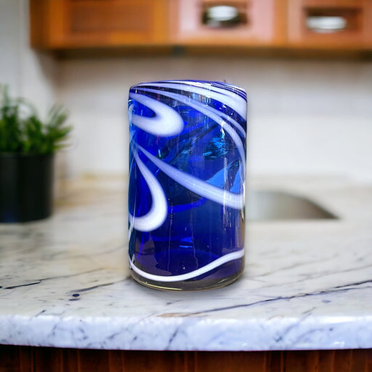 Handcrafted Mexican Drinking Glass | Blue Glass with Elegant White Swirl Design (12 oz)