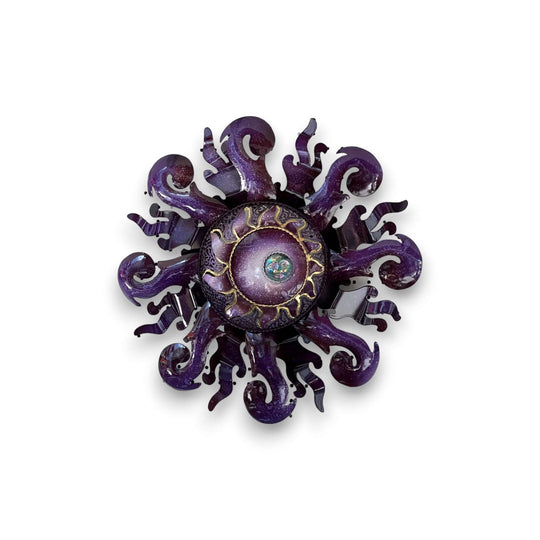 Vibrant Sun Wall Art | Handcrafted Mexican Metal Decor (24-inch Diameter) - hand-painted purple sun metal wall decor from Guanajuato, kiln-fired lead-free glaze