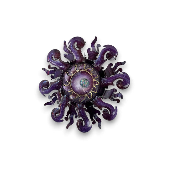 Vibrant Sun Wall Art | Handcrafted Mexican Metal Decor (24-inch Diameter) — hand-painted purple Talavera-style metal sun wall decor