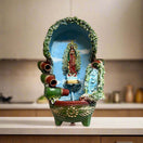 Handcrafted Mexican Outdoor Fountain | Painted Traditional Water Feature featuring hand-painted Virgin of Guadalupe figure in a Talavera style garden fountain