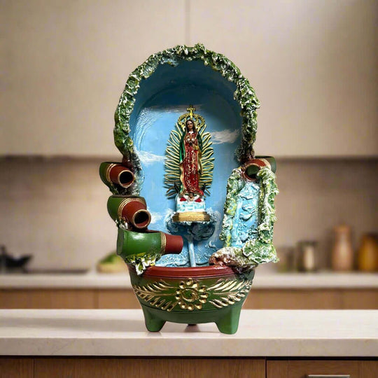 Handcrafted Mexican Outdoor Fountain | Painted Traditional Water Feature featuring hand-painted Virgin of Guadalupe figure in a Talavera style garden fountain