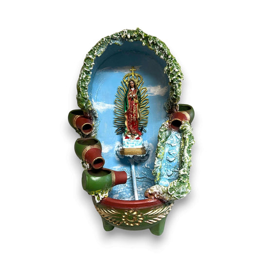 Handcrafted Mexican Outdoor Fountain | Painted Traditional Water Feature featuring hand-painted Virgin of Guadalupe statue and cascading pots
