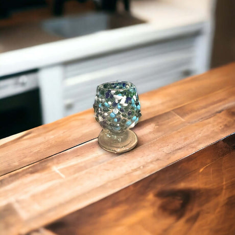 Mexican Artisan Shot Glass | Handcrafted Blue Green White Design on wooden table, hand-blown lead-free glass with blue-green decorative accents