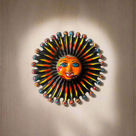 Mini Talavera Sun Wall Art | Handcrafted Mexican Decor vibrant 9" hand-painted orange face sun with black red yellow rays, kiln-fired, lead-free glaze
