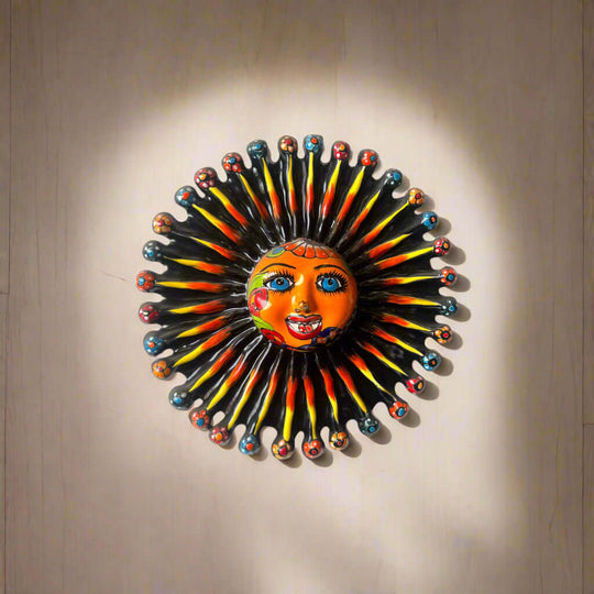 Mini Talavera Sun Wall Art | Handcrafted Mexican Decor vibrant 9" hand-painted orange face sun with black red yellow rays, kiln-fired, lead-free glaze