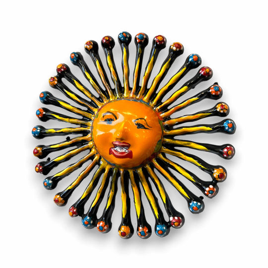 Mini Talavera Sun Wall Art | Handcrafted Mexican Decor – 9" bright orange hand-painted Talavera sun with black, red & yellow rays, kiln-fired lead-free glaze