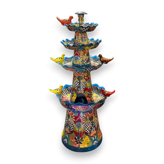 Grand Talavera Garden Fountain | Handcrafted Mexican Art - hand-painted multicolor three-tier Talavera patio fountain with bird accents, light blue rim