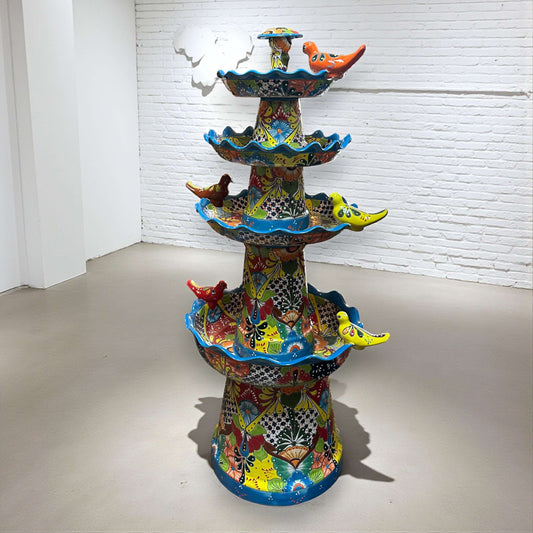 Alt Tag: Grand Talavera Garden Fountain | Handcrafted Mexican Art — multicolor hand-painted three-tier Talavera patio fountain with floral and geometric motifs