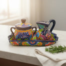 Colorful Talavera Coffee Serving Set | Handcrafted 3-Piece Set on kitchen counter with hand-painted floral geometric motifs