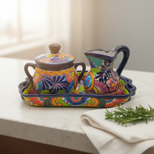 Colorful Talavera Coffee Serving Set | Handcrafted 3-Piece Set on kitchen counter with hand-painted floral geometric motifs