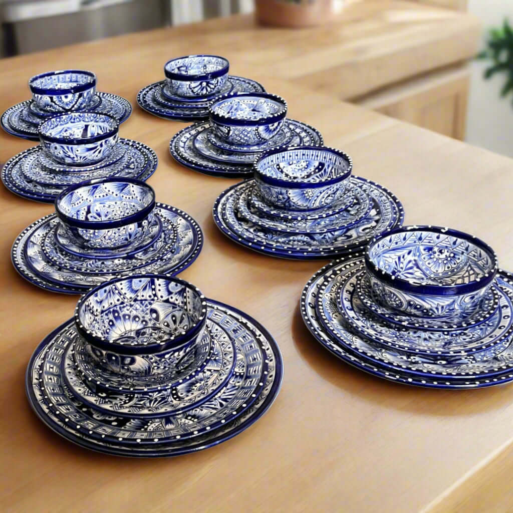 Talavera Dinnerware Set | 40-Piece Blue & White Tableware for 8 - handcrafted blue and white hand-painted Mexican plates and bowls on table
