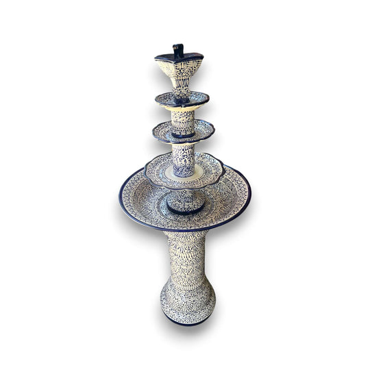 Handcrafted Talavera Fountain | Vibrant Mexican Artwork (4ft Height) - hand-painted blue and white Talavera tiered garden fountain from Guanajuato