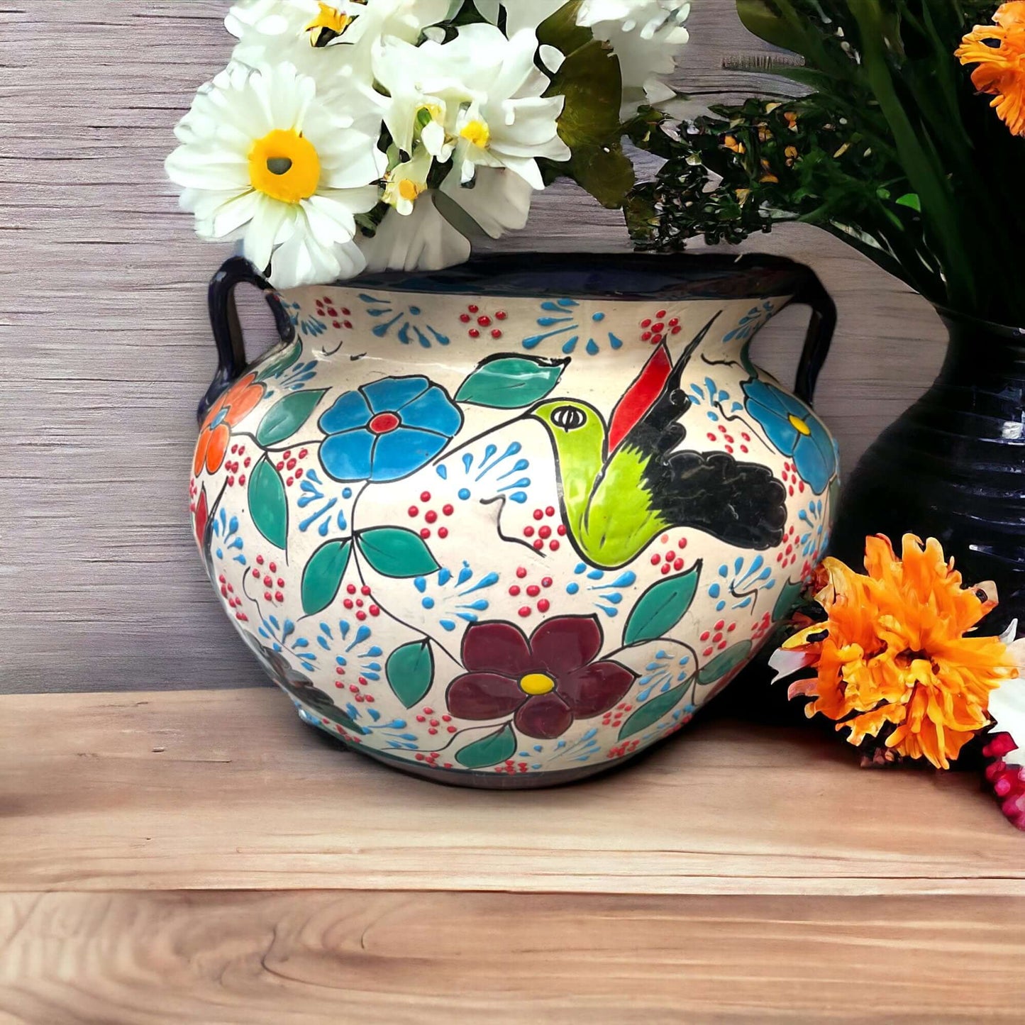 Handcrafted Talavera Decor Planter | Artisan-Made Mexican Flower Pot - hand-painted floral and hummingbird ceramic planter