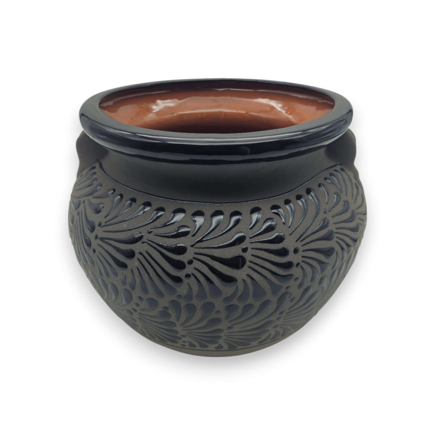 Talavera Floral Pot | Handcrafted Black Design - hand-painted black Talavera flower pot with carved floral pattern, kiln-fired lead-free glaze, Guanajuato craftsmanship