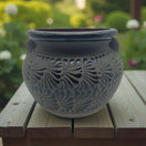 Talavera Floral Pot | Handcrafted Black Design — hand-painted black Talavera flower pot with carved floral patterns, kiln-fired, lead-free glaze