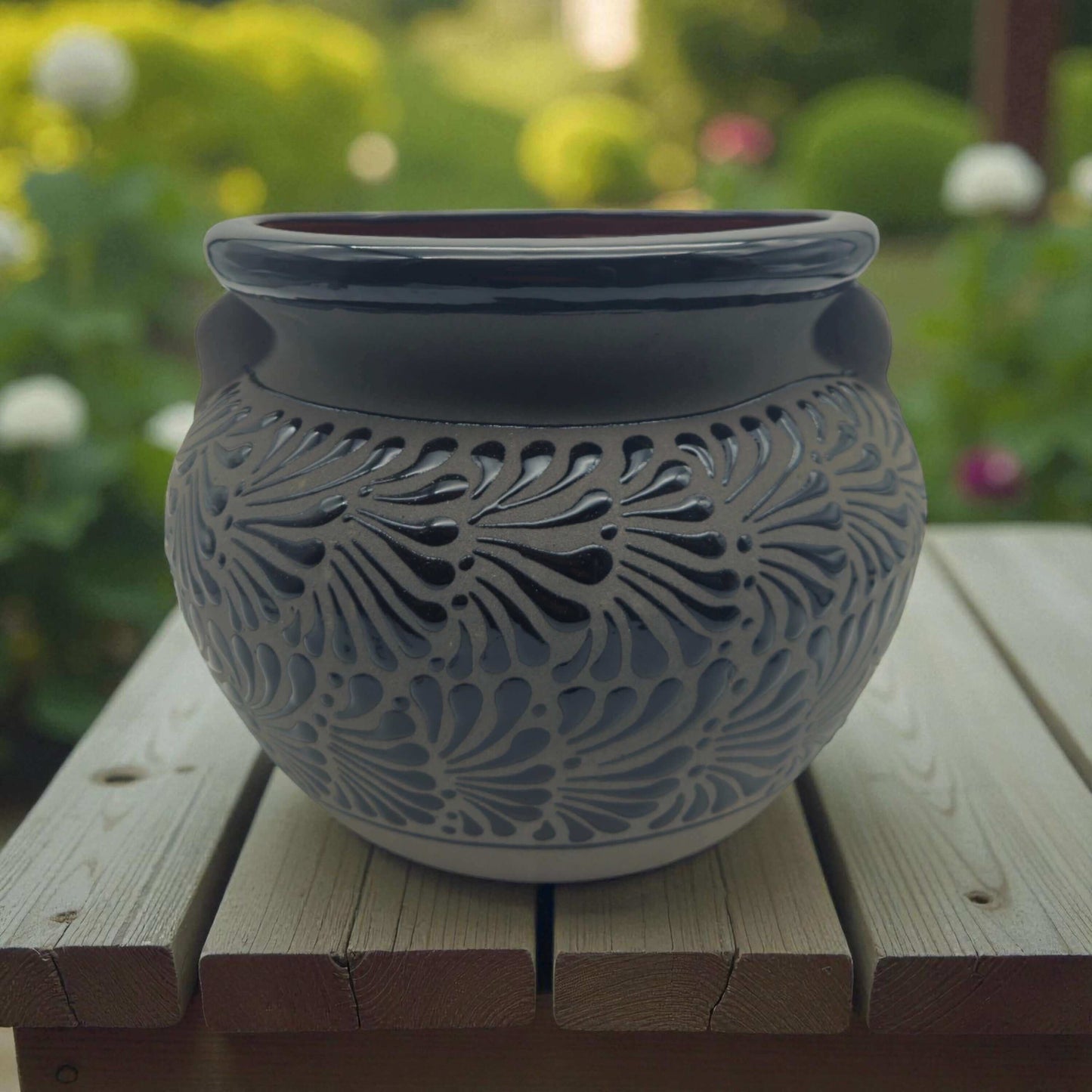 Talavera Floral Pot | Handcrafted Black Design — hand-painted black Talavera flower pot with carved floral patterns, kiln-fired, lead-free glaze
