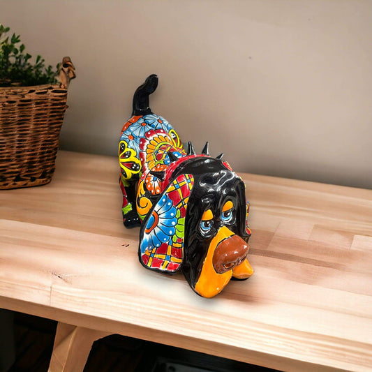 Colorful Talavera Bloodhound Statue | Handcrafted Dog Art (Medium) - hand-painted Talavera ceramic bloodhound on wooden table, vibrant Mexican pottery