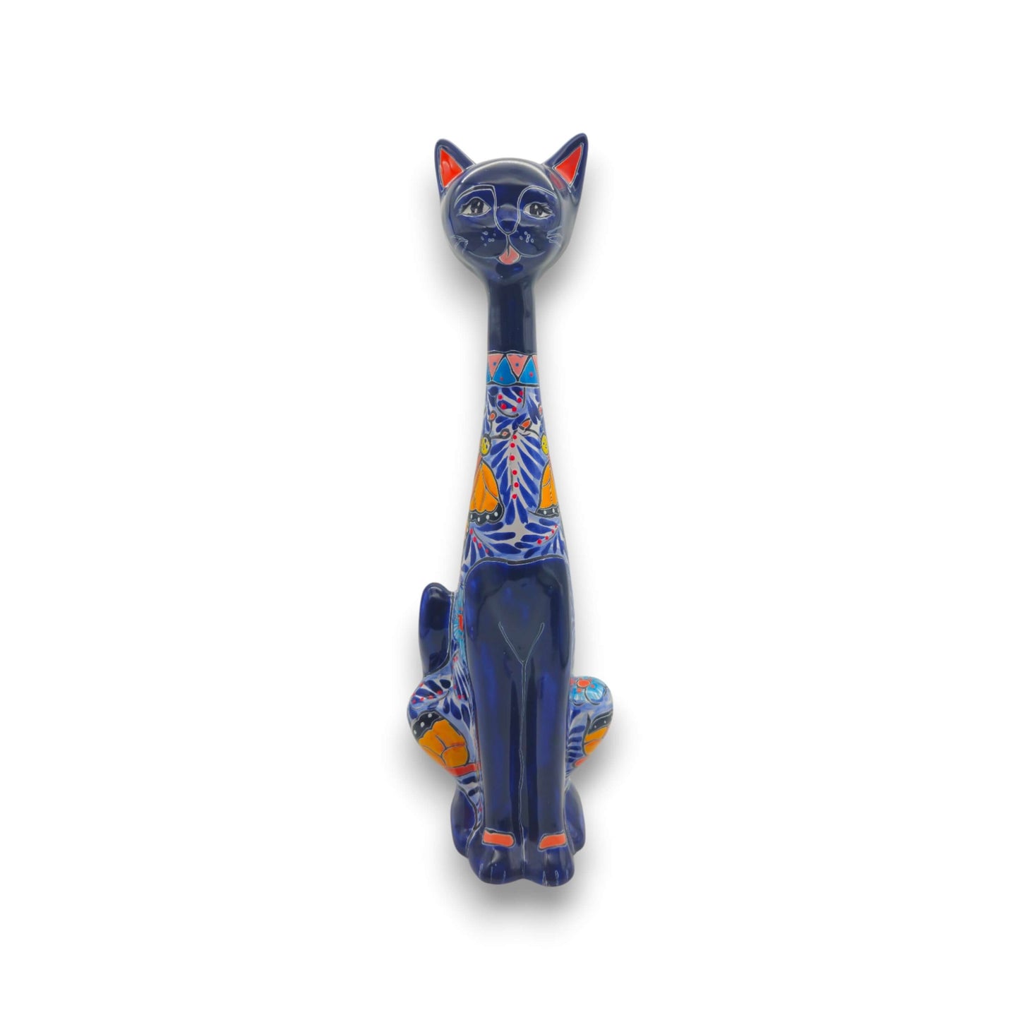 Colorful Talavera Cat Statue | Handcrafted Mexican Art - tall dark blue handcrafted Talavera cat with vivid hand-painted floral and geometric patterns