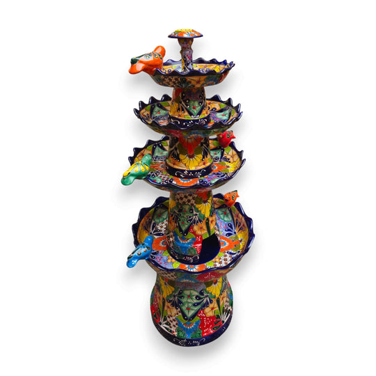 Blue Rim Tiered Talavera Fountain | Handcrafted Mexican Art - hand-painted multi-tier garden fountain with vibrant blue rim and floral Talavera patterns