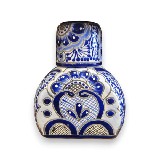 Colorful Talavera Bedside Carafe Set | Handcrafted Mexican Art - hand-painted blue floral ceramic bedside water carafe